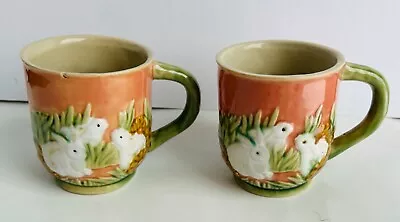 Two Majolica Glazed Coffee Tea Mugs With Bunny Rabbits Easter Spring Decor • $15.95