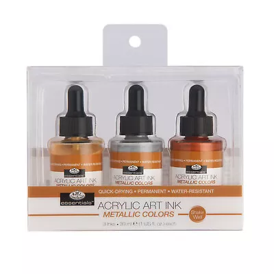 Set Of 3 Metallic Acrylic Artist Inks Permanent Gold Silver Bronze 30ml Bottle • £9.95