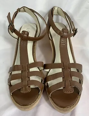 J. Jill Shoes Platform Sandals Brown Leather Buckle Wedge Wood Ankle Strap Sz. 9 • $22