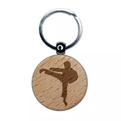 Martial Arts Karate Kick Solid Engraved Wood Round Keychain Tag Charm • $9.99