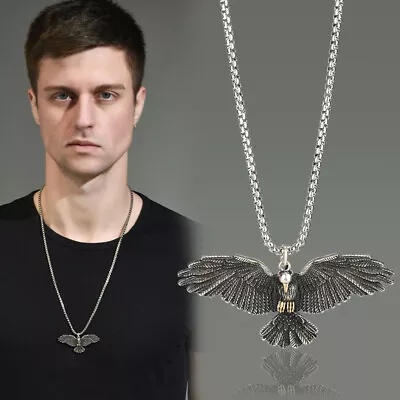 Retro Mens Hawk Eagle Pendant Necklace Stainless Steel Amulet Biker Jewelry Gift • £4.30