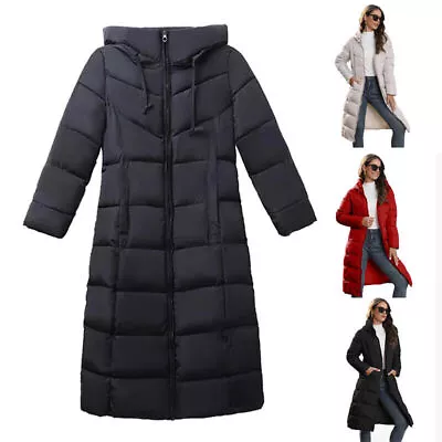 Women's Winter Long Parka Quilted Knee Coat Hooded Ladies Warm Padded Jacket • £18.49