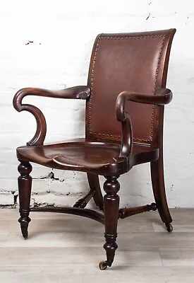 19th Century Antique Victorian Holland & Sons Mahogany & Leather Library Chair • £556