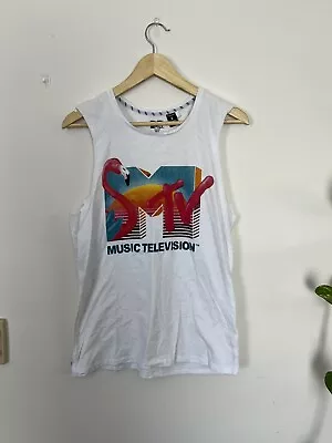 MTV Logo White Oversized Tank Top By Factorie - Size Small Retro Vintage • £6.25