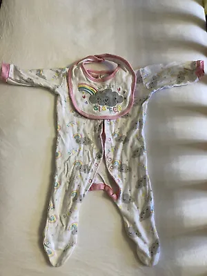 Little Sister Outfit With Bib 3-6 Months Baby Grow Sleepsuit Pink Rainbow Cloud • £5