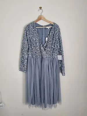 Maya Duluxe Womens Dress Size 24 Dusty Blue Faux Wrap Front Sequin • £39.95