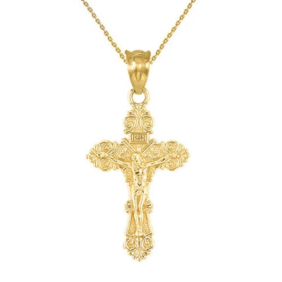 $83.99 • Buy Solid 14k Yellow Gold Dainty Floral Crucifix Pendant Necklace