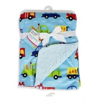 Super Soft Baby Blanket Mink Sherpa Snuggle 75cm X 100cm Blue Car & Lorry • £9.99