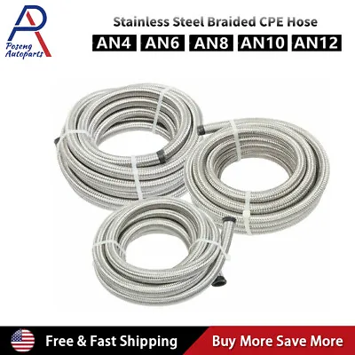 4AN/6AN/8AN/10AN/12AN Fuel/Oil/Gas Hose Line Stainless Steel Braided Silver -AN • $25.59