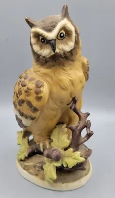 Vintage UCGC Ceramic Owl Figurine 9  Brown Painted Wildlife Statue On Oak Branch • $24