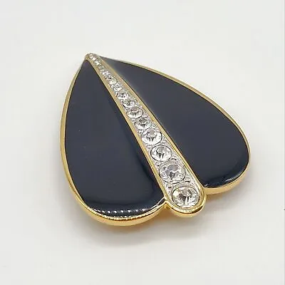 Vintage Monet Signed Designer Black Enamel Rhinestone Heart Leaf Brooch Pin VTG • $19.90