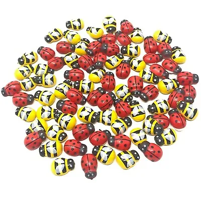 Mini 9x12mm Mixed Yellow Bees & Red Ladybirds Wooden Craft Card Wood Toppers • £12.09