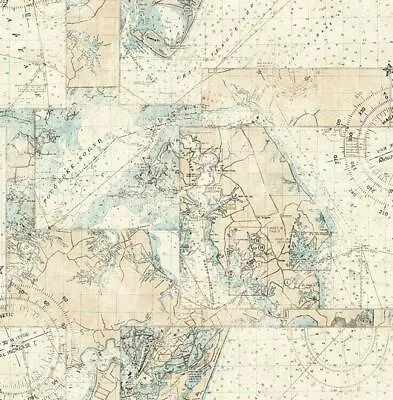 Wallpaper Designer Aqua Tan Cream Nautical Map 56 Sq Ft Bolt • $49.99