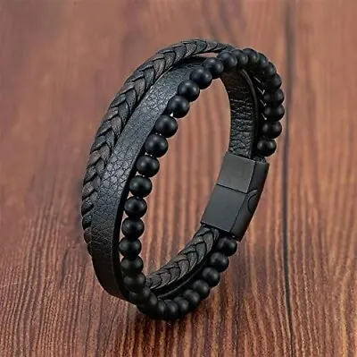 Men's Black Onyx Beads Gemstone Braided Leather Bracelet Magnetic Clasp Bangle • $12.50