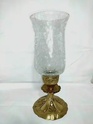 Vintage Brass Candle Holder Clear Crackle Glass Chimney Hollywood Regency  • $29.69