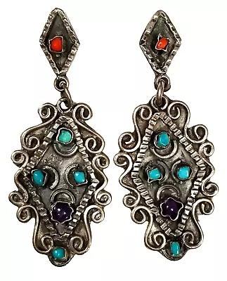 Vintage Turquoise Coral Amethyst Sterling Silver Earrings Taxco Mexico 2 3/4  • $100