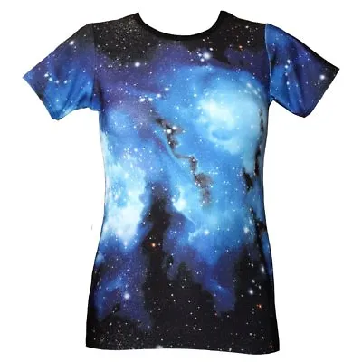 Women's Blue Galaxy Planets Cosmos Space Print Crew Neck T-Shirt Top Size 8-22 • £19.99