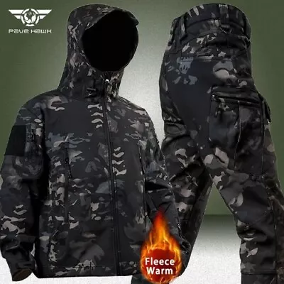 BlackCamo Tactical Sets Fleece Soft Shell Hooded Jacket+Army Straight Cargo Pant • $40.21