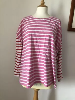 M&S Pink Red Breton Top Size 24 Striped White Round Neck Long Sleeves Cotton • £12.50