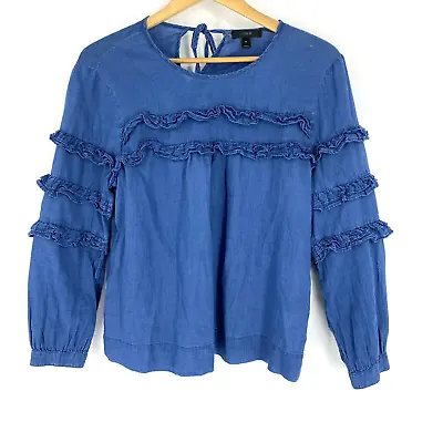 J Crew Shirt Size 10 Womens Blue Tiered Top Chambray Ruffled Blouse Semi Sheer • $22.49