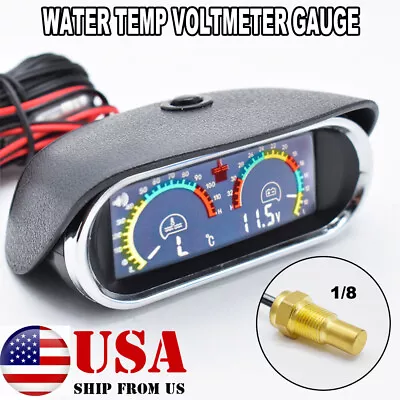 Car Water Temp Temperature Gauge 2-In-1 LCD Digital Voltmeter Alarm W Sensor 1/8 • $14.62