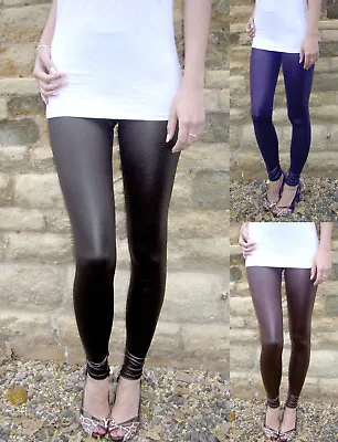 EXTRA LONG Leggings WET LOOK Black White Navy Chocolate Uk 8-28 Tall • £9