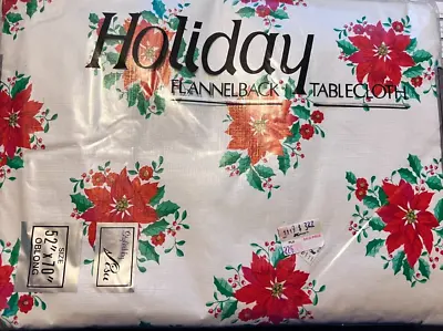 Vintage Flannel Back Vinyl Tablecloth Christmas  Poinsettia 52  X 70 -NEW OLD • $12.99