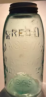 RED KEY MASON'S PATENT NOV. 30TH 1858 Green Blue 1/2 Gal Fruit Jar With Zinc Lid • $24.99