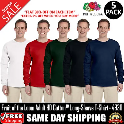 5 PACK OF Fruit Of The Loom Adult 5 Oz. HD Cotton Long-Sleeve T-Shirt - 4930 • $41.73