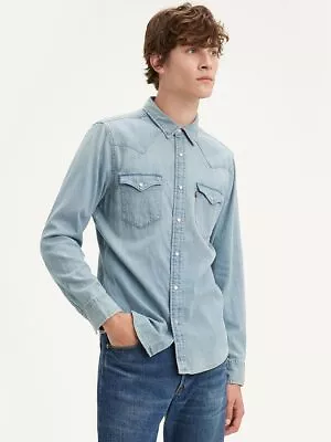 Levi's Mens Barstow Classic Western Denim Snap Shirt Stone Wash 857450003 • $44.99