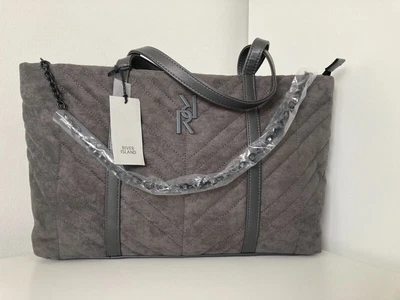 £32.99 • Buy River Island GREY Large SUEDETTE RI QUILTED TOTE Bag Handbag New With Tags