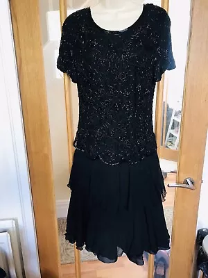 Vintage Black Silk I Magnin Dress Charlston Dance Occaion Sequin 8-10 • £22