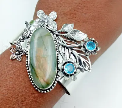 925 Sterling Silver Labadorite &Topaz Gemstone Handmade Jewelry Cuff Bracelet • $15.40