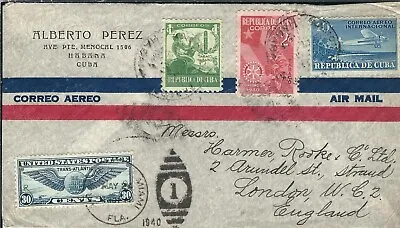 Habana To London England 1940 Airmail Dual Postage (47292) • $75