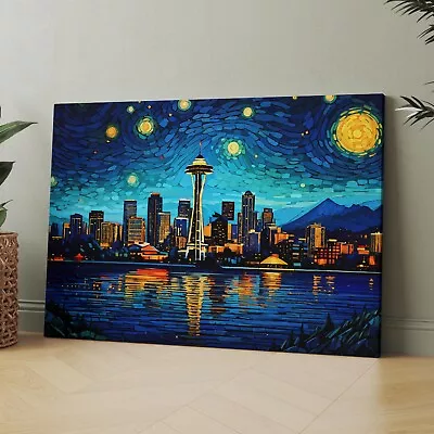 Seattle Skyline As Van Gogh Starry Night Painting USA Canvas Wall Art Print • $159