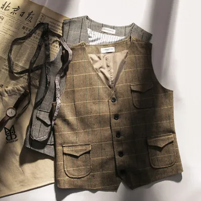 Vintage Style Mens Wool Blend Waistcoat Tweed Herringbone Slim Suit Vest Gilet • $41.79