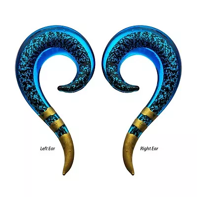 PAIR-Tapers Hangers Glass Glittered Blue W/Gold 11mm/7/16  Gauge Body Jewelry • $16.99