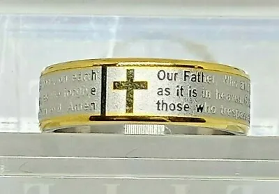 Men's Lord's Prayer Ring Christian Cross Stainless Steel 8MM Gold Tone Size 9.5 • $29.99