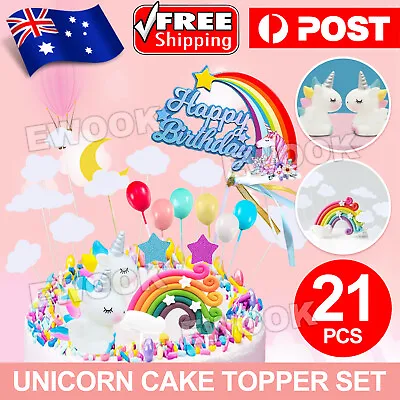$12.95 • Buy 21Pcs/Set Unicorn Cake Topper Kit Cloud Rainbow Happy Birthday Banner Decoration