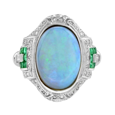 $4786.48 • Buy Opal With Emerald And Diamond Antique Style Cocktail Ring In 14K White Gold