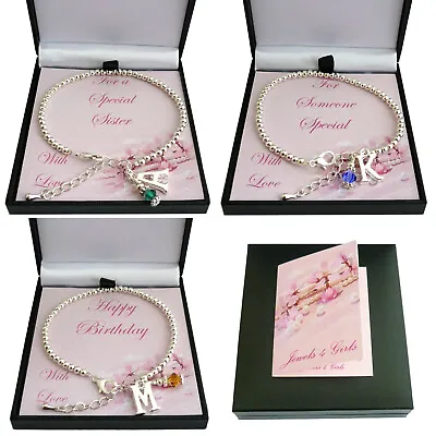 Birthstone Bracelet With Letter Charm And Silver Beads In Special Gift Box. • £10.99