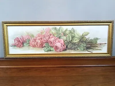 Vintage Paul De Longpre Yard Long Of Pink American Beauty Roses In Gilt Wood Fra • $185