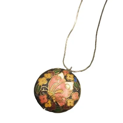 Vintage Enamel Butterfly Floral Pendant Dual Side Round On 18  Chain Necklace • $17.95