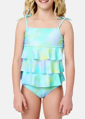 NWT JUSTICE Girl Swimsuit Tankini Bikini Ruffle Swim Blue Tie Dye 5 6 7 8 XS S M • $30.60