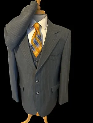 Vintage H.I.S Custom Sz 42R Gray Stripe Wool 3 Piece Suit Jacket Vest Pant 36x31 • $49.93