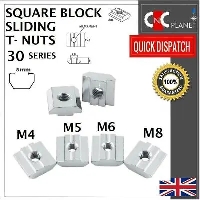 30 Series M4 M5 M6 M8 Square Solid Slidin 3030 Slot 8mm T-Nut Aluminum Extrusion • £1.95