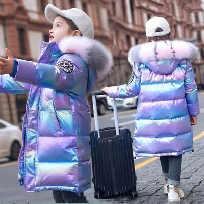 Kids Girls Winter Coat Hooded W/Faux Fur Boys Parka School Jackets Outwear 3-12Y • £23.98