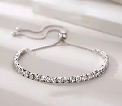 £12.99 • Buy Genuine 925 Sterling Silver Zircon Crystal Adjustable Tennis  Bracelet Ref:-159
