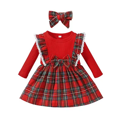 Toddler Baby Girl Tartan Dresses Christmas Infant Long Sleeve Knit Dress Clothes • £8.49