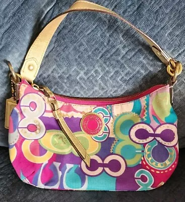 Coach Poppy Pop C Signature Graffiti Colorful Shoulder Purse Bag Gold Purple   • $48